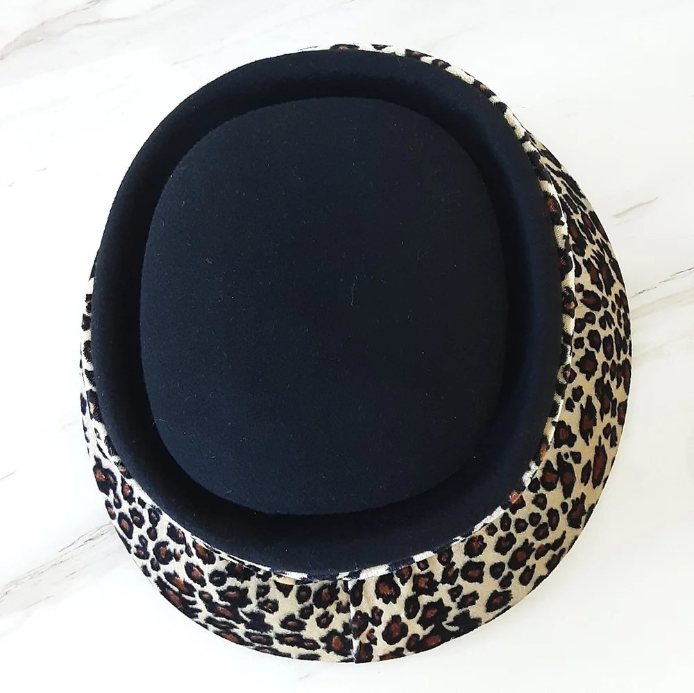 SS Black 100% Wool Leopard Print Fedora Hat Sz  21.5